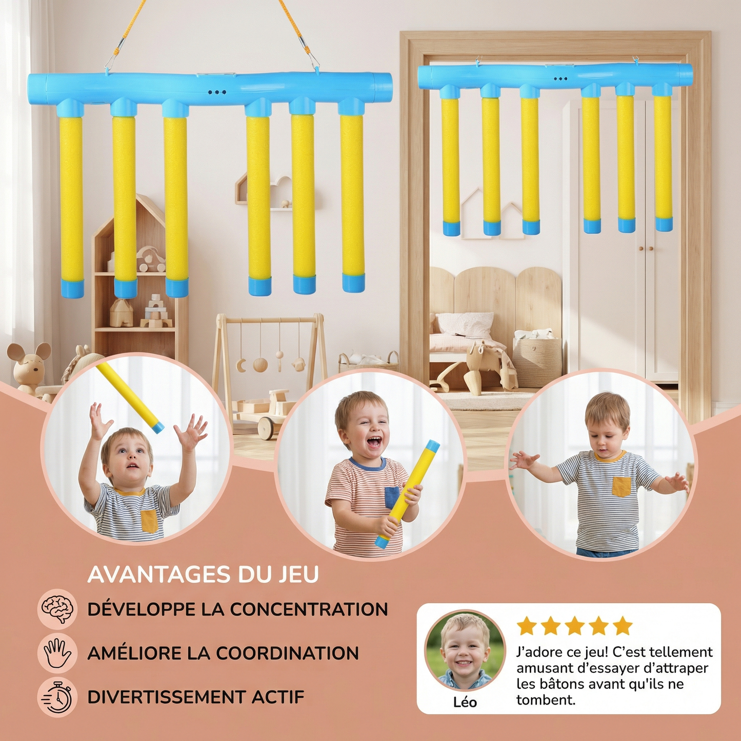 Bâtonnets tombants – jeu de réaction pour enfants