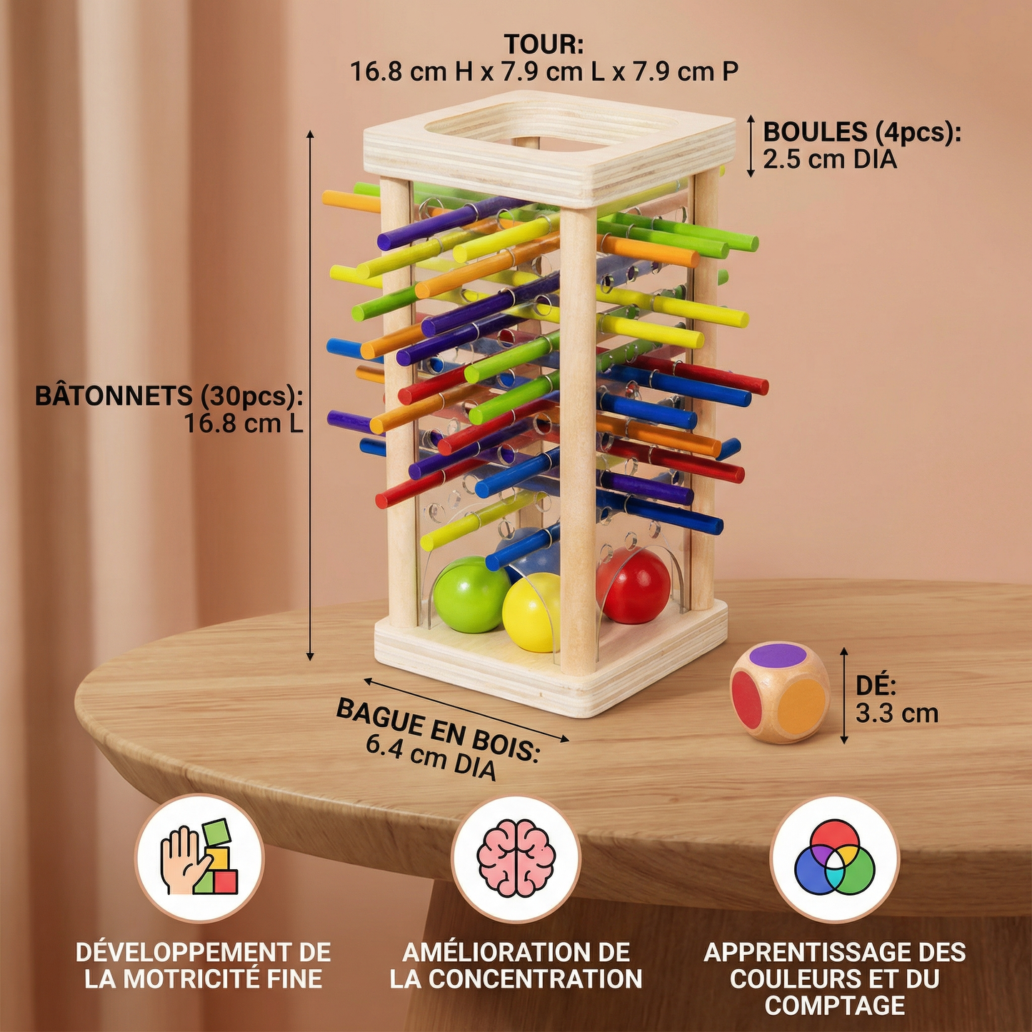 Jeu d’adresse éducatif 3-en-1 en bois avec boules et bâtonnets