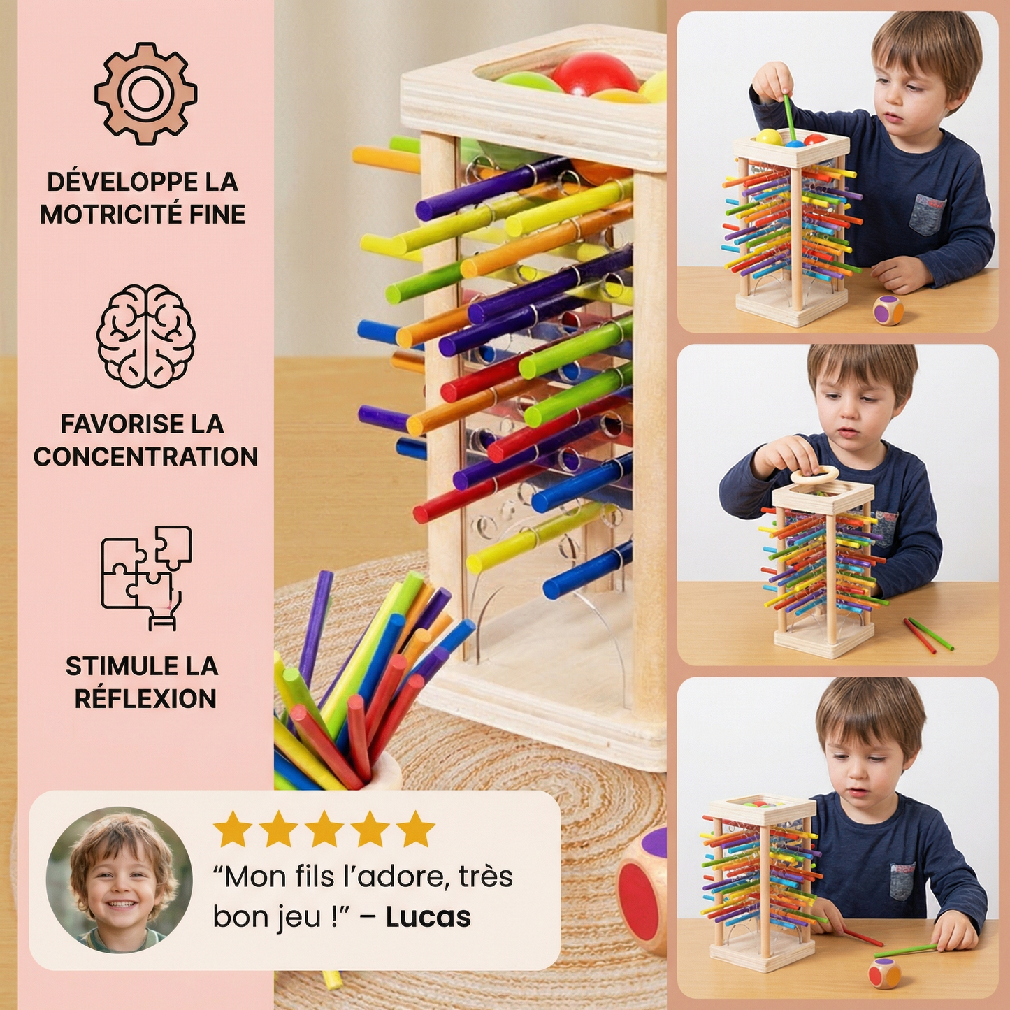 Jeu d’adresse éducatif 3-en-1 en bois avec boules et bâtonnets