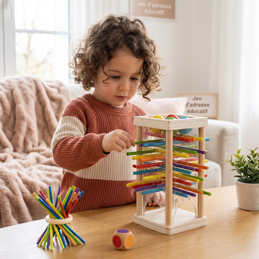 Jeu d’adresse éducatif 3-en-1 en bois avec boules et bâtonnets