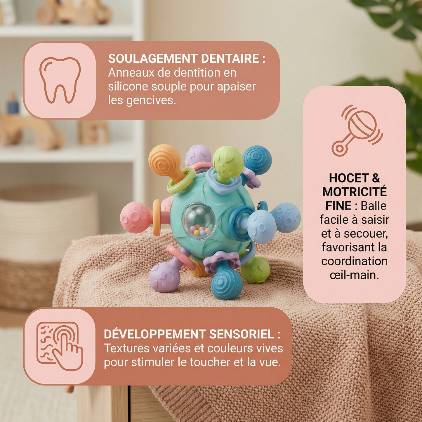 Balle sensorielle pour bébé avec anneau de dentition en silicone et hochet