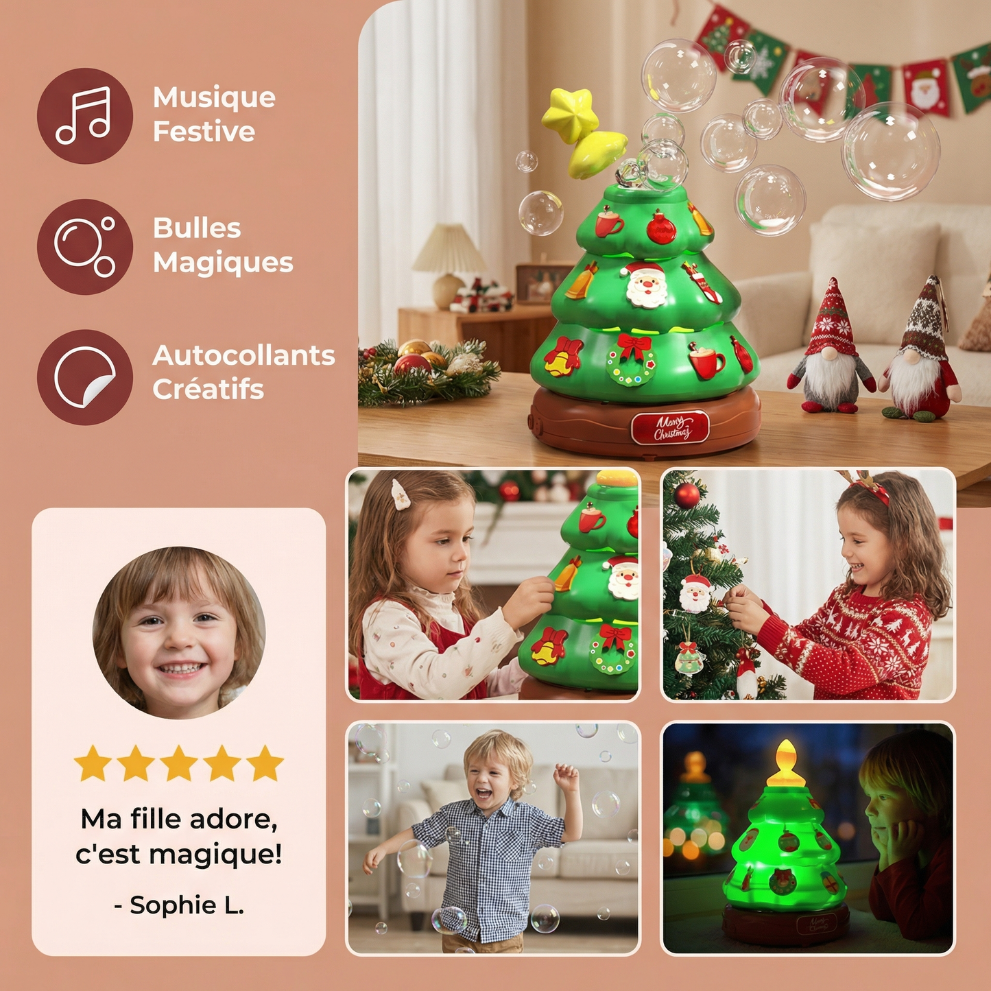 Sapin de Noël à bulles musicales avec autocollants à décorer
