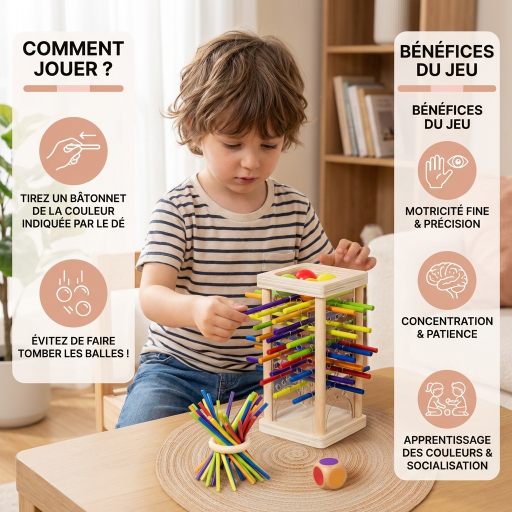 Jeu d’adresse éducatif 3-en-1 en bois avec boules et bâtonnets