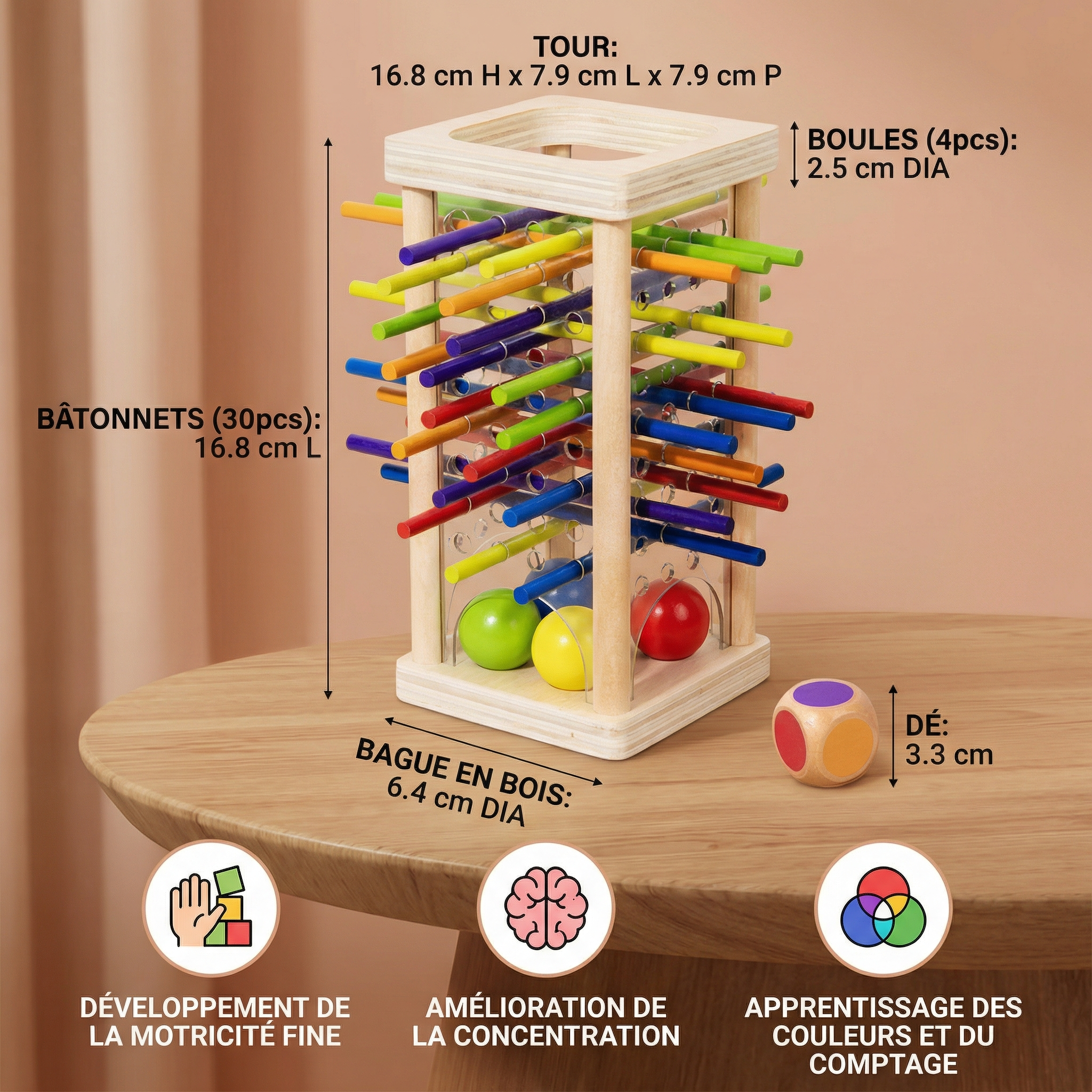 Jeu d’adresse éducatif 3-en-1 en bois avec boules et bâtonnets
