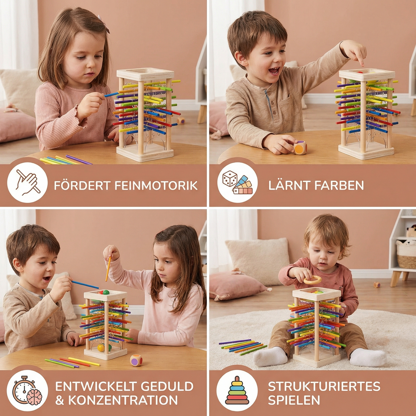 Jeu d’adresse éducatif 3-en-1 en bois avec boules et bâtonnets