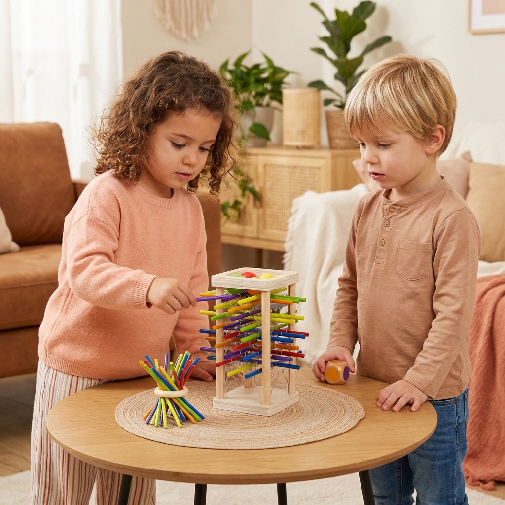 Jeu d’adresse éducatif 3-en-1 en bois avec boules et bâtonnets