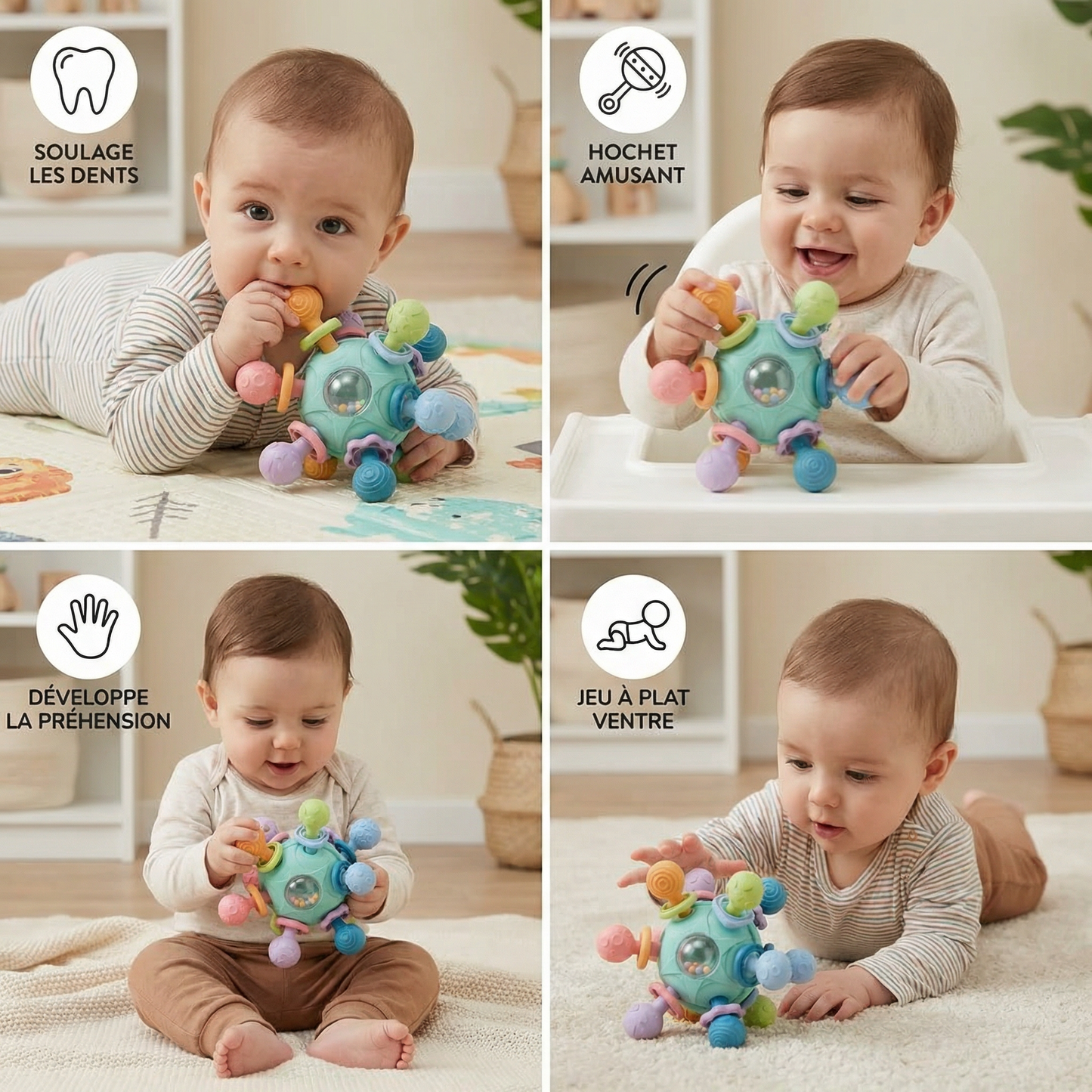 Balle sensorielle pour bébé avec anneau de dentition en silicone et hochet
