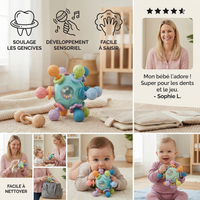 Balle sensorielle pour bébé avec anneau de dentition en silicone et hochet