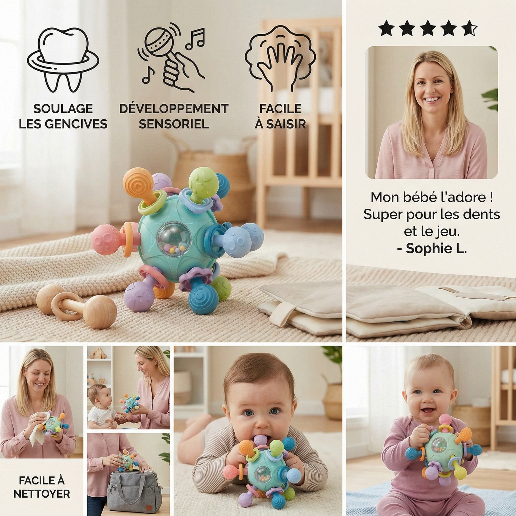 Balle sensorielle pour bébé avec anneau de dentition en silicone et hochet
